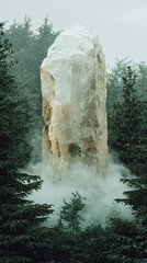 Surreal glowing crystal rising in fog-shrouded peaceful forest