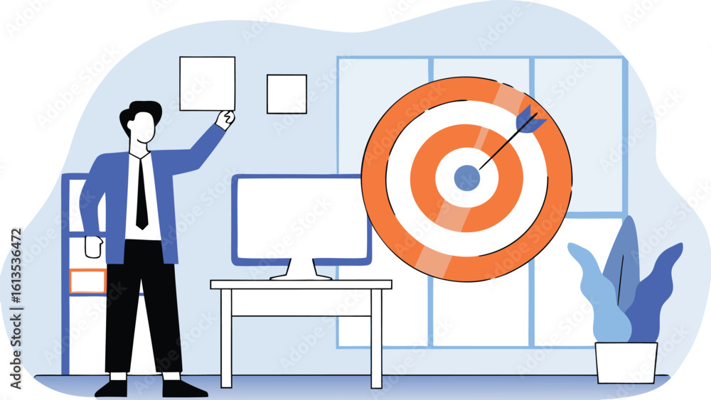 Aufkleber illustration of a man in a suit holding a square next to a target in an office with a computer desk 