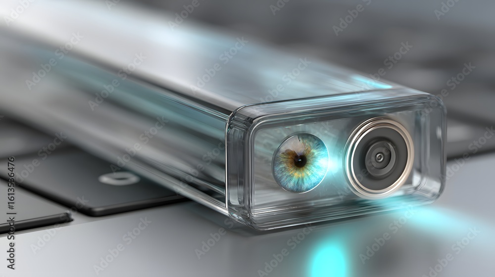 Poster transparent rectangular device with an eye-like feature and camera lenses.