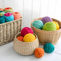 Vibrant yarn balls in various colors neatly arranged in rustic wicker baskets, placed on a white background