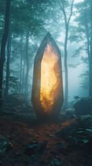Surreal glowing crystal rising in fog-shrouded peaceful forest