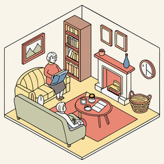 Isometric view of living room with two people, fireplace, bookshelf, sofas, and other furniture items
