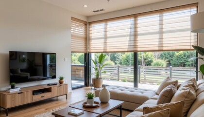 Fototapeta premium a professional smart home setup featuring automated blinds and privacy glass, with natural wood tones balanced with digital elements, used in interior design magazines for modern living.