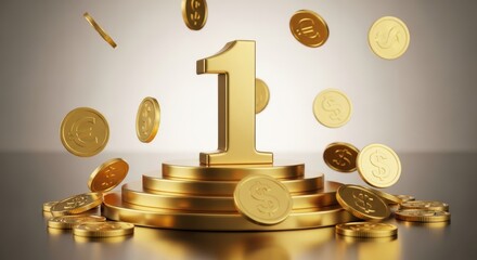 A golden number one rests on a tiered podium surrounded by falling currency