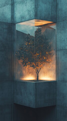 Surreal glowing tree emerging from a layered city structure