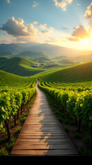 Sunlit wooden path through rolling green vineyards towards distant hazy mountains