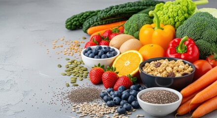 Fresh red berries, including strawberries and raspberries, are beautifully arranged with other healthy fruits and vegetables on a table, perfect for a sweet and organic breakfast