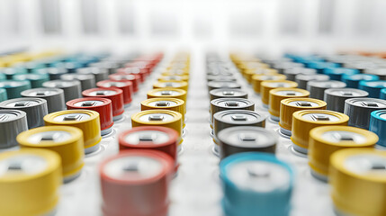 Obraz premium Multicolored cylindrical components arranged in rows on a light surface. Close-up view