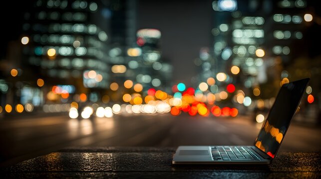 Laptop rests on a city street at night.