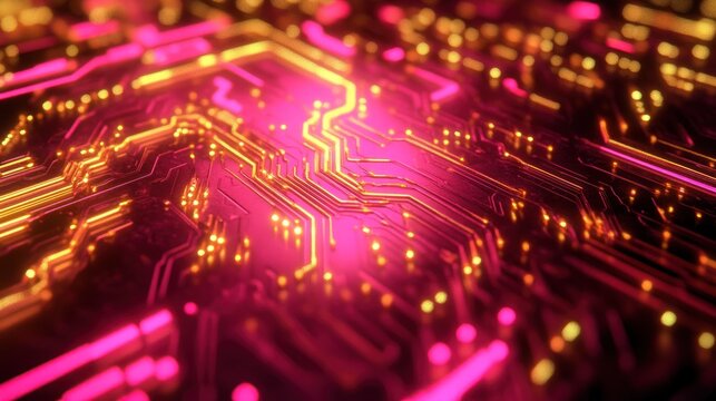 Abstract circuit board pattern in pink and gold