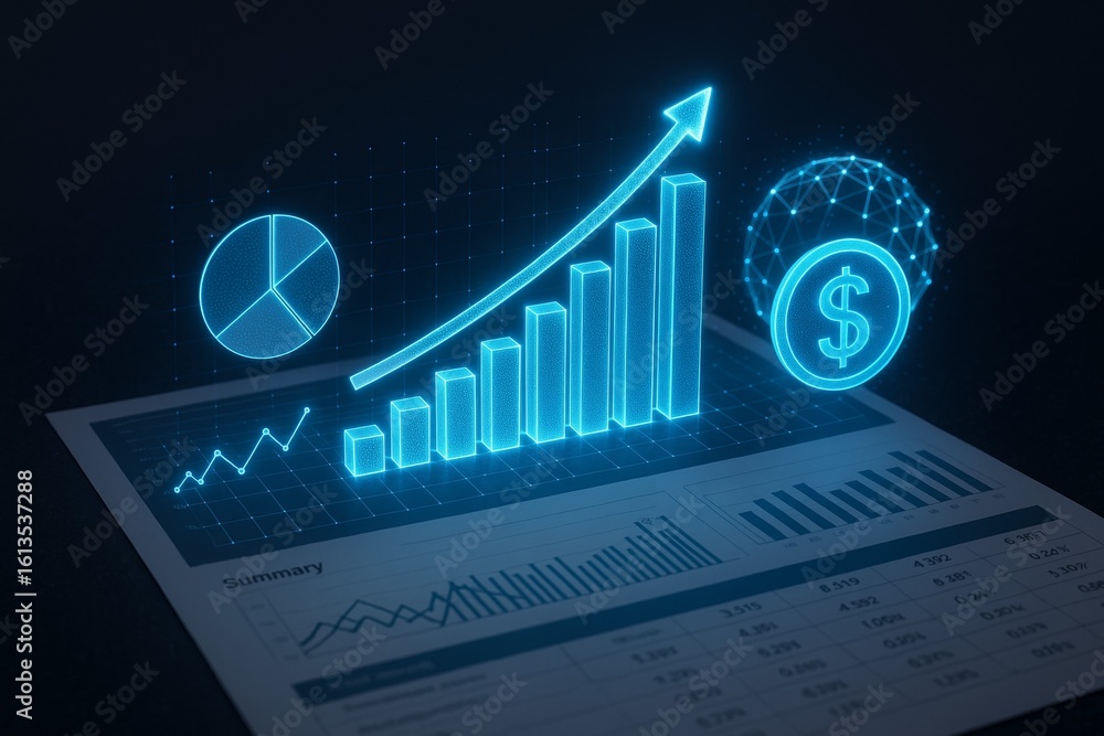 Poster a blue screen with a graph showing a rising line and a dollar sign