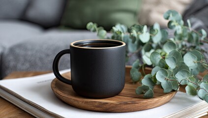 A black coffee mug on a wooden tray, amongst books and foliage