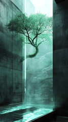 Surreal glowing tree emerging from a layered city structure