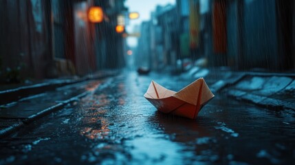 Paper boat in rainy city street at night