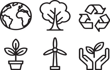 Environmental Conservation and Sustainability Icons Representing Earth Tree Recycling and Renewable Energy