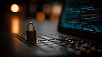 A metallic padlock rests atop a laptop keyboard, showcasing code on the screen, with a soft bokeh background