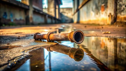 Rusty Relict Reflecting in a Puddle A Close-Up of an Aged Metal Pipe Abandoned in a Desolate Setting