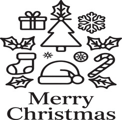 Black and White Christmas Icon Set with Merry Christmas Text Below
