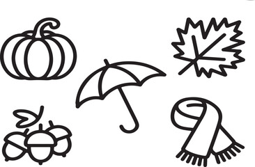 Minimalist Black and White Autumn Icons Pumpkin Umbrella Leaf Acorn and Scarf