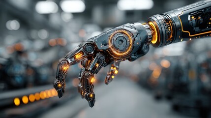 A close-up of a futuristic robotic arm with glowing circuits extending into a blurred factory setting