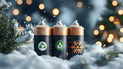 Three batteries, nestled in snow, adorned with recycling and eco symbols. Festive lights and fir branches create a wintery scene