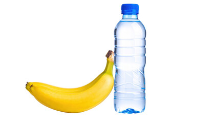 Ripe banana fruit with clear plastic water bottle PNG