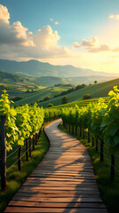 Sunlit wooden path winds through lush green vineyard towards rolling hills under a cloudy sky