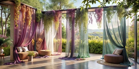 Serene outdoor lounge area adorned with flowing sheer curtains, lush hanging plants, and comfortable seating