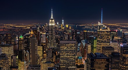 Stunning New York City skyline at night, illuminated by countless glowing windows and iconic skyscrapers reaching for the dark sky.