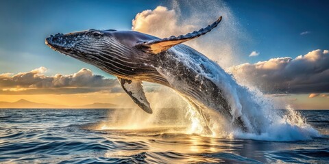 Obraz premium Majestic Whale Breaching at Golden Hour, a Spectacular Display of Ocean Life's Power and Grace