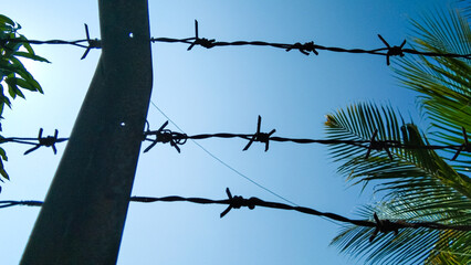 Rusty barbed wire on blue sky background