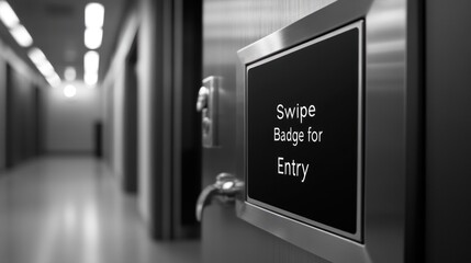 Minimalist Black and White "Swipe Badge for Entry" Sign on Office Door