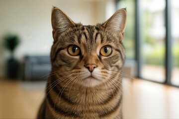 Close Up of Cat Whiskers and Face with Soft Lighting in Modern Home Interior with Blurred Background