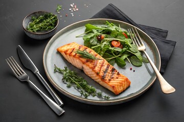 Grilled salmon with fresh greens and herbs fish seafood