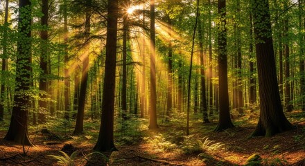 Fototapeta premium Sunbeams pierce lush green forest canopy, illuminating mossy ground and vibrant foliage for a serene, magical woodland escape.