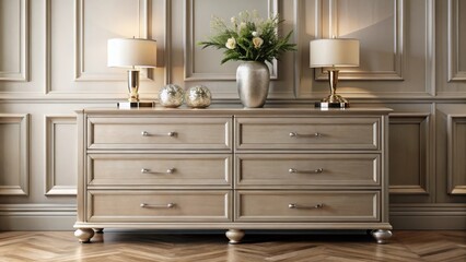 Elegant Six-Drawer Dresser with Ornate Hardware and Table Lamps Against Paneled Walls