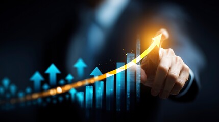 Businessman pointing at a glowing upward trending graph symbolizing financial growth