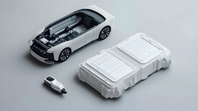 White model car, open, showing interior and chassis components, along with charging component