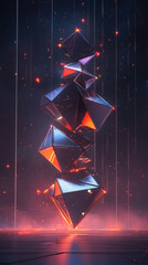 Tower made of floating geometric shapes and glowing lines.