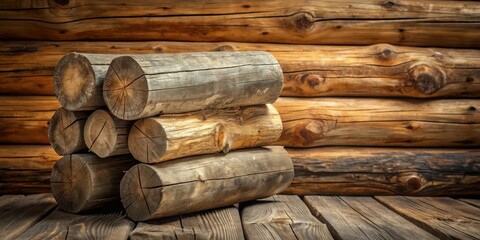A rustic stack of weathered wooden logs rests on a worn wooden surface against a backdrop of a log cabin wall