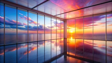 Serene Sunset Vista from a Modern Room with Floor-to-Ceiling Windows Reflecting the Ocean's Fiery Hues