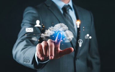 Businessman touching a cloud interface with digital icons representing various cloud services and technology connections