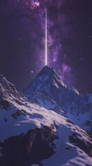 Vertical beam of light connecting mountain peak to stars above.