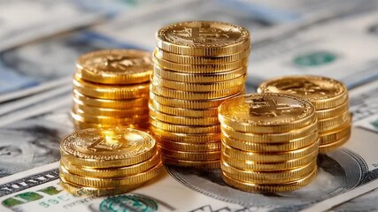 Golden Stacks: Intricate stacks of golden coins gleam atop a bed of cash, presenting a visually stunning and universally recognizable symbol of wealth and prosperity. 