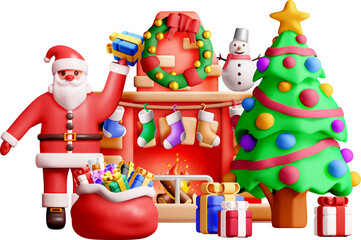 3D Christmas Scene with Santa and Decorations