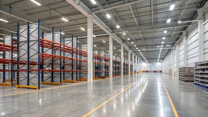 Expansive warehouse interior featuring shelving units, concrete floor, and bright lighting for storage and logistical applications.