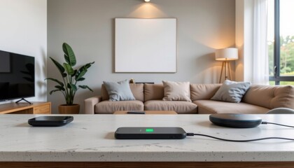 Fototapeta premium a professional smart home setup featuring wireless charging surfaces and hubs, with industrial concrete textures and smart accents, used for startup pitch decks in smart living sectors.