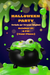 A glossy 3D Halloween poster featuring a green bubbling cauldron filled with vibrant slime and floating eyeballs. Bright drops splash from the pot. Seasonal banners, invitations, or party graphics.