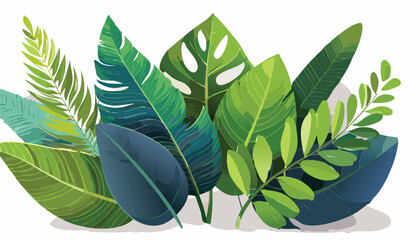 various tropical leaves, including large split-leaf Monstera and feathery palm fronds