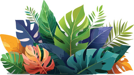 various tropical leaves, including large split-leaf Monstera and feathery palm fronds
